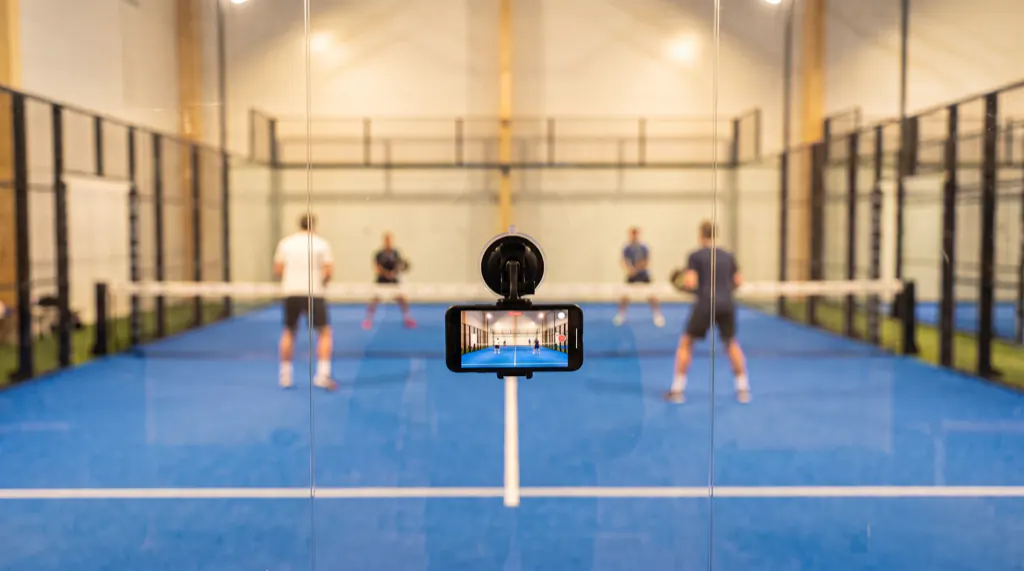 Handy mit Saugnapfhalterung an der Glasscheibe hinter der Grundlinie, dahinter ein Padel-Doppel
