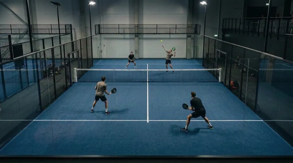 Padel-Doppel in der Halle, gefilmt erhöht von hinter der Grundlinie